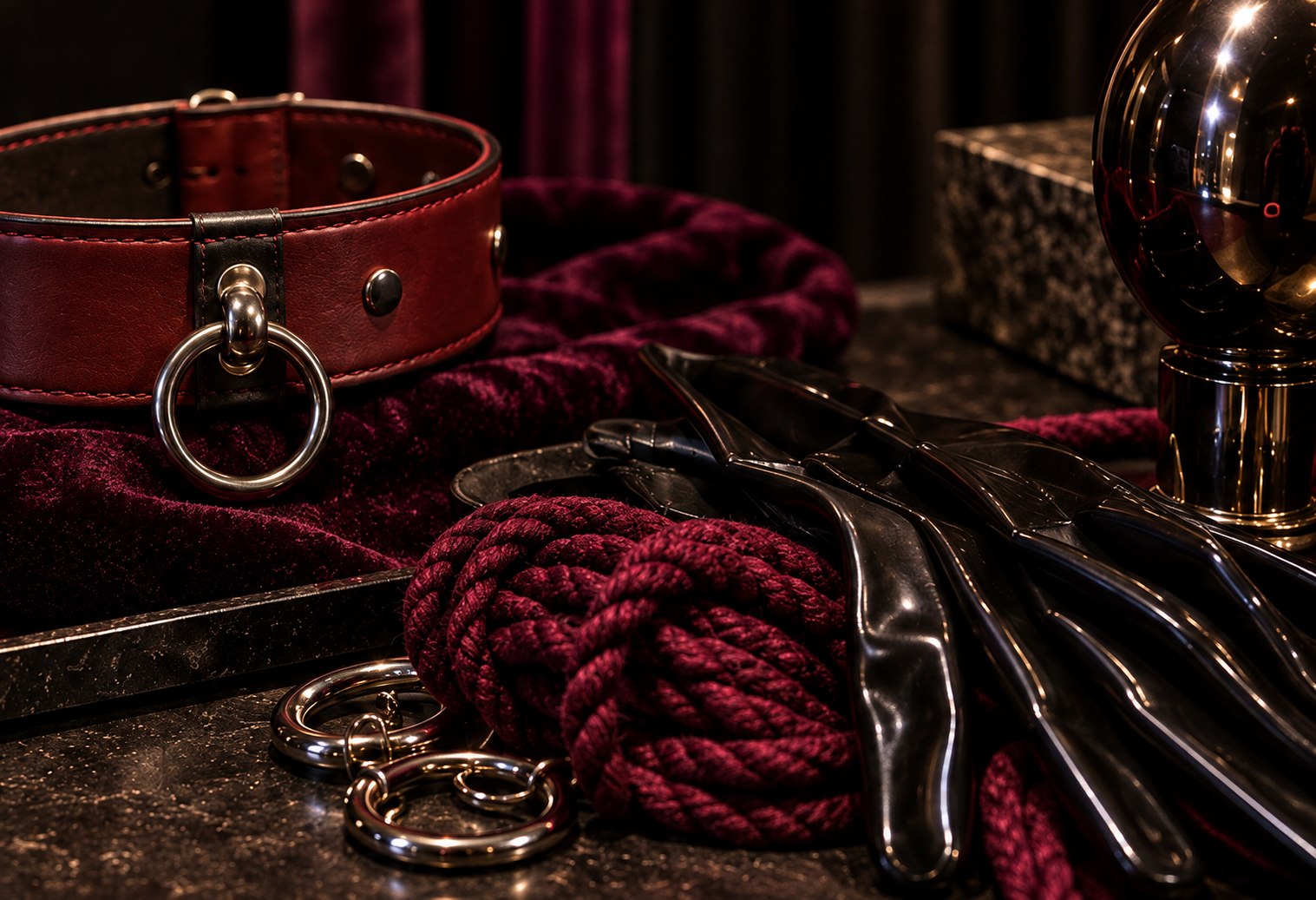Collar, cuerda, látex y herrajes sobre terciopelo oscuro